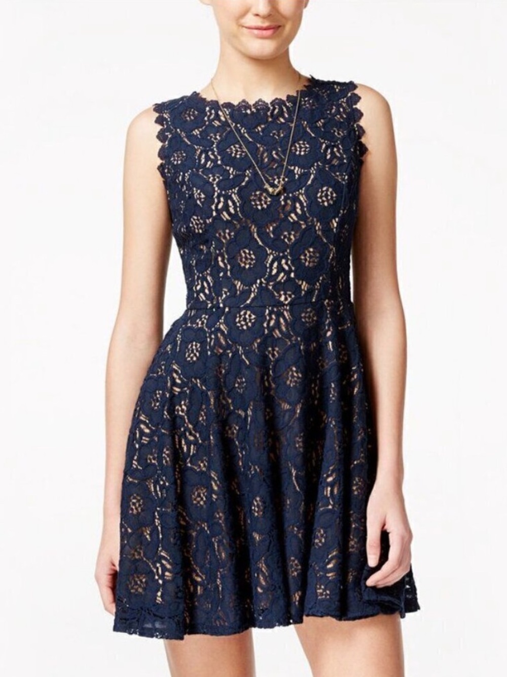 City Studio Navy Blue Floral Lace Fit-and-Flare Dress